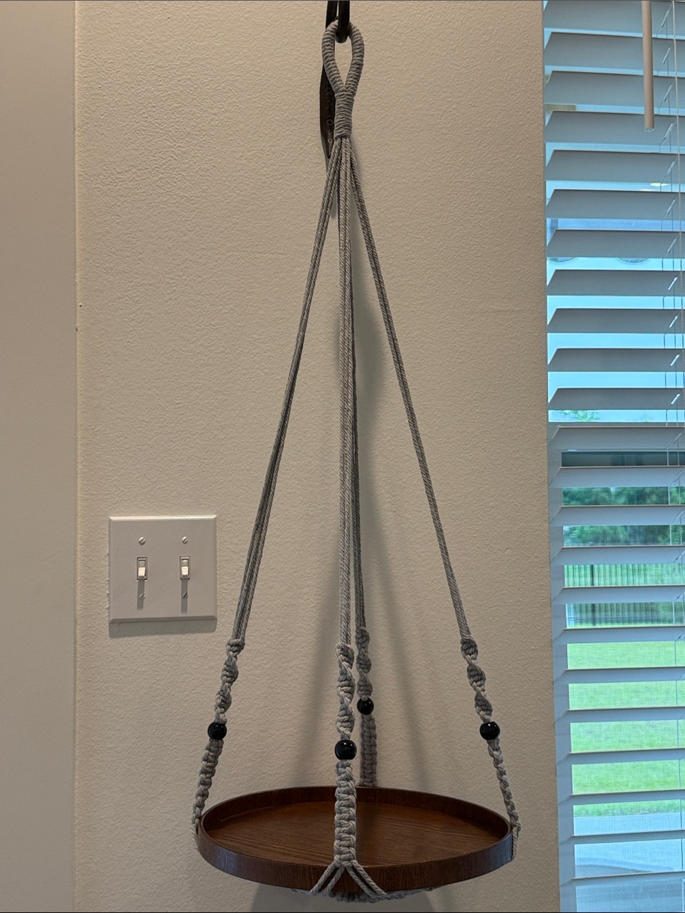 Macrame Plant Hanger with 12” Wood Shelf Indoor Light Gray New Home Decor - Picture 2 of 12